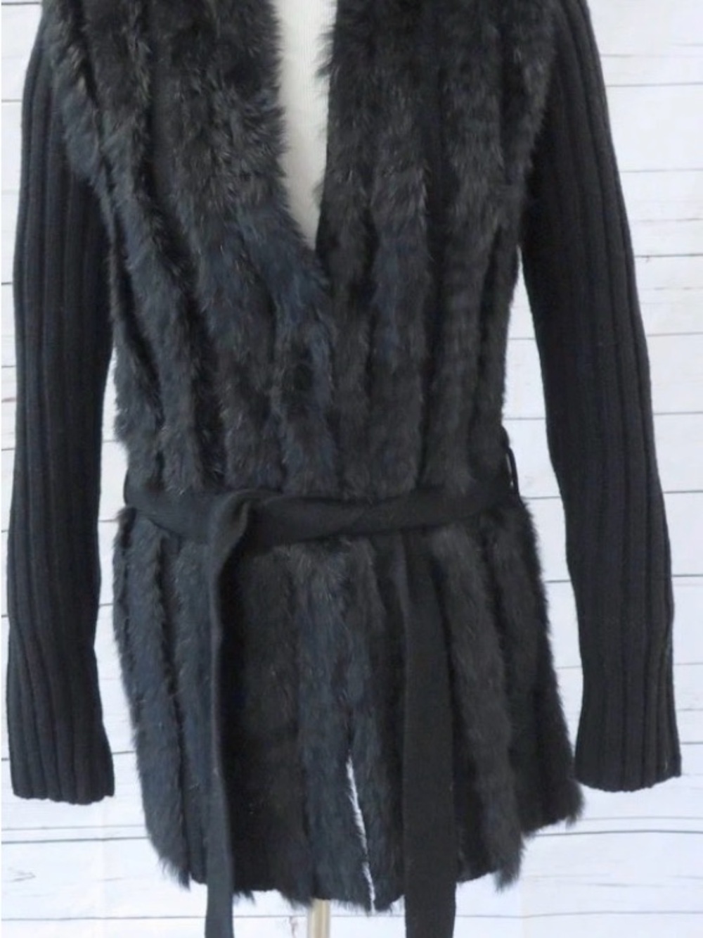 Graham and Spencer black rabbit fur wool ribbed belted cardigan S/M